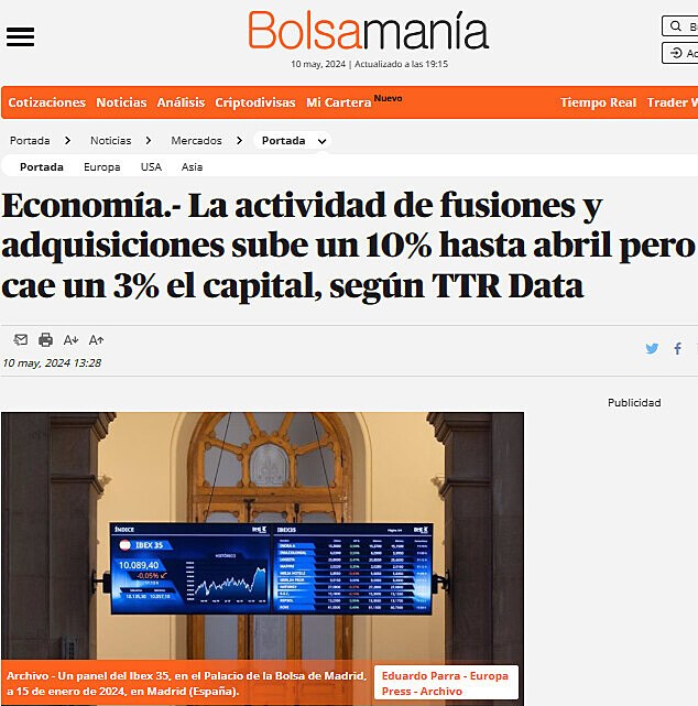 Economa.- La actividad de fusiones y adquisiciones sube un 10% hasta abril pero cae un 3% el capital, segn TTR Data